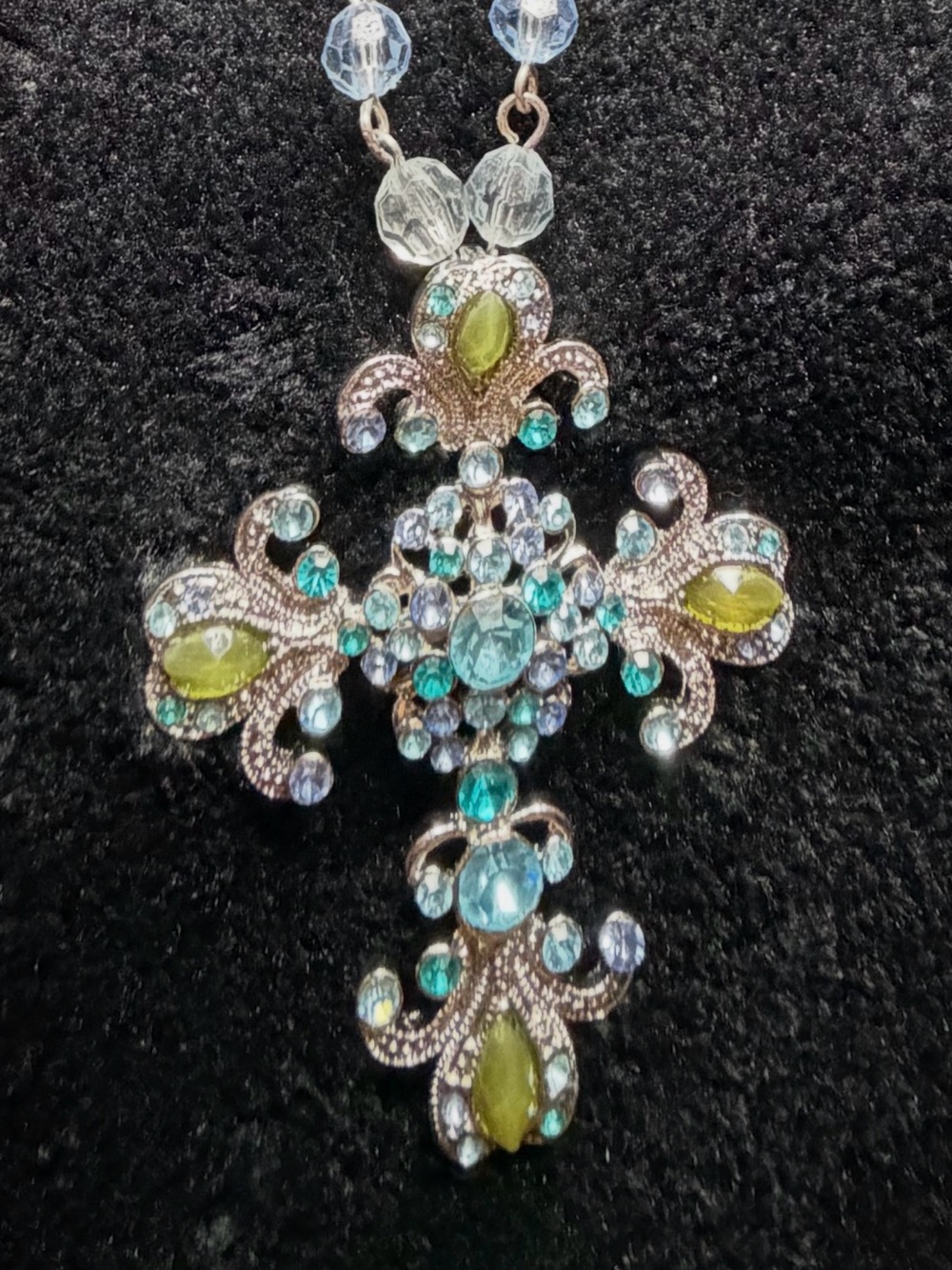 Crystal Fleur Cross Pendant Necklace - Aqua & Lime